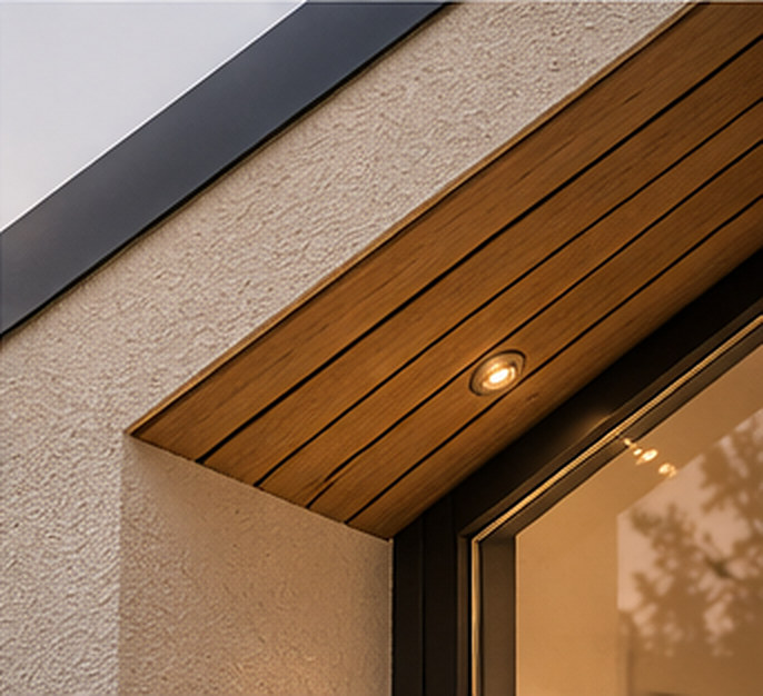 Close detail of crisp render meeting a timber soffit and slim dark roof edge