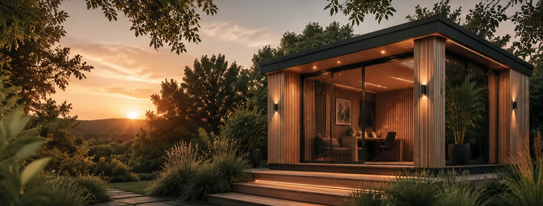 Timber-clad garden studio with vertical slatted cladding glowing at sunset above planted borders