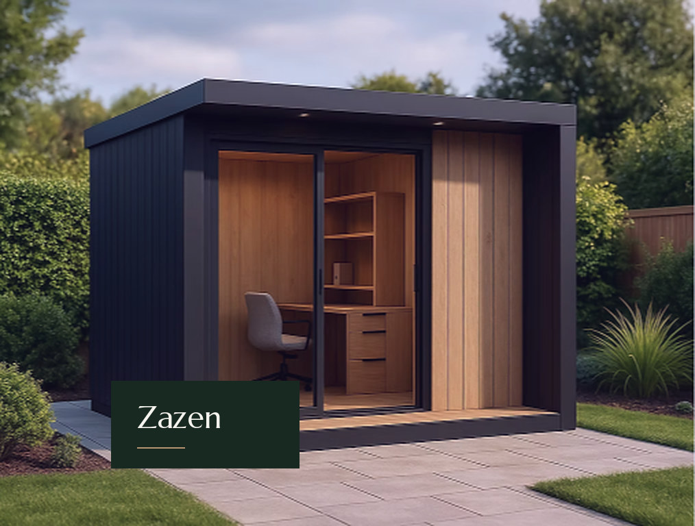 Compact black-clad Zazen studio with a single oak feature panel and sliding door