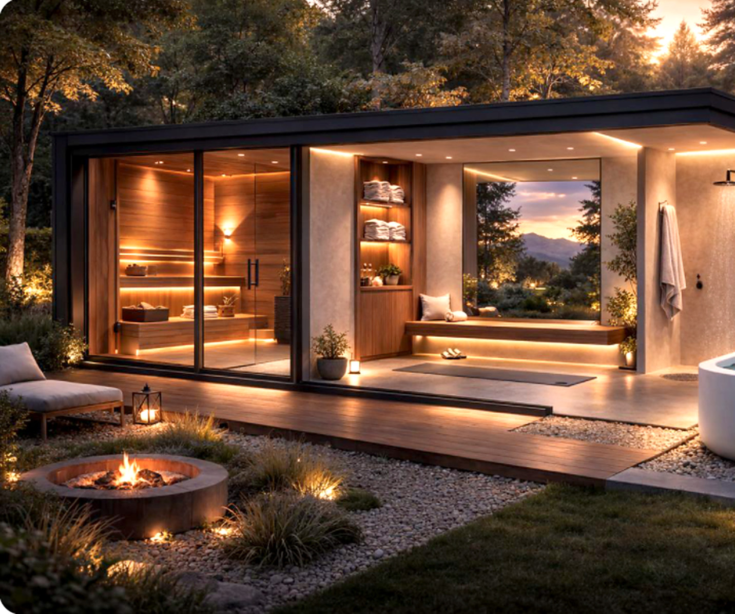 Wellness studio at dusk with an internal sauna, relaxation area, outdoor shower and fire pit
